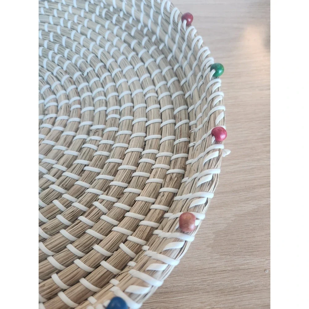 Vintage Hand Woven Round Coil Serving Tray Beaded Edge Basket Made‎ In Vietnam